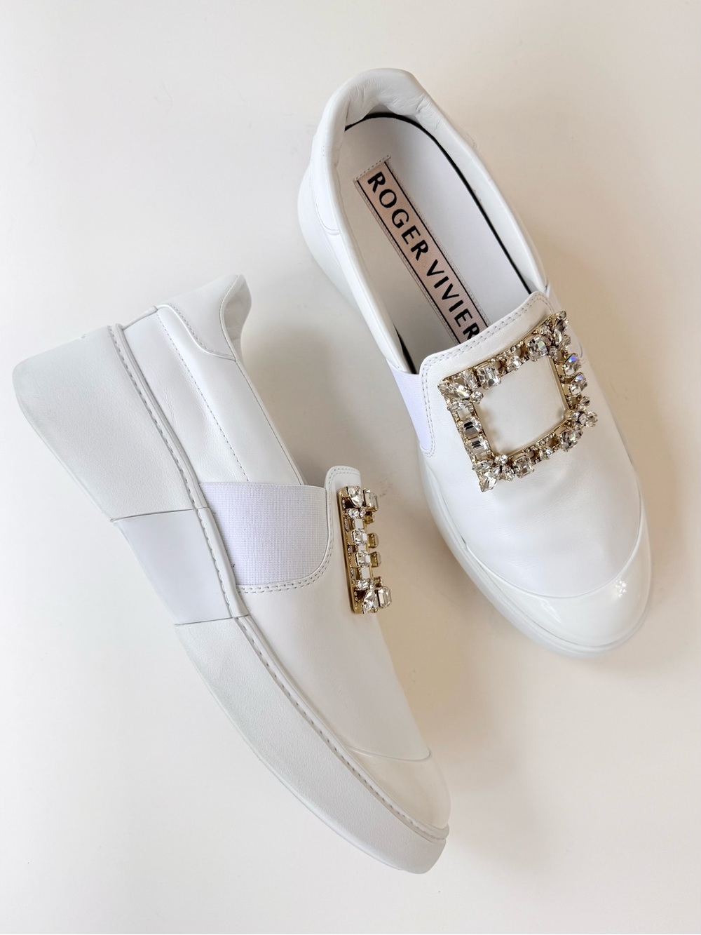 Roger Vivier Viv Skate Broche Leather Slip-On Sneakers White Leather Crystal 41